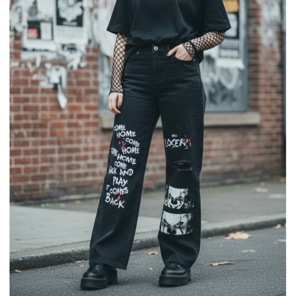 IT Chapter Two Pennywise Horror Movie Wide Leg Jeans Faded Black Distressed 27
